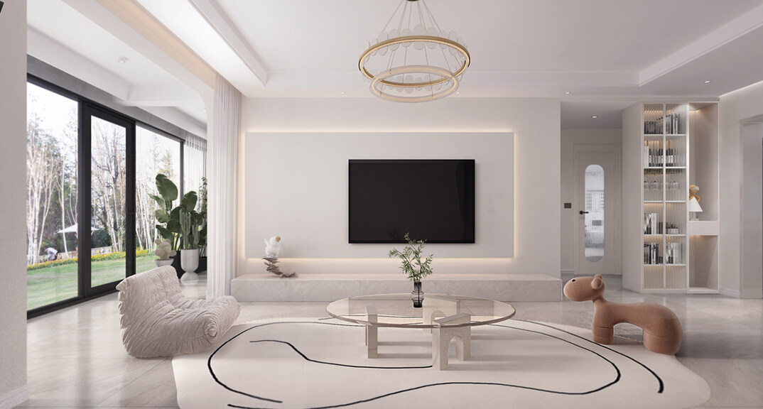 青建依山半島103㎡三室兩廳客廳電視簡約風(fēng)格裝修案例效果圖